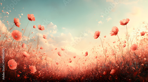 A serene field of red and orange flowers sways under a soft, light blue and yellow sky, punctuated by gentle clouds. Evokes peacefulness amid a subtle war background theme.