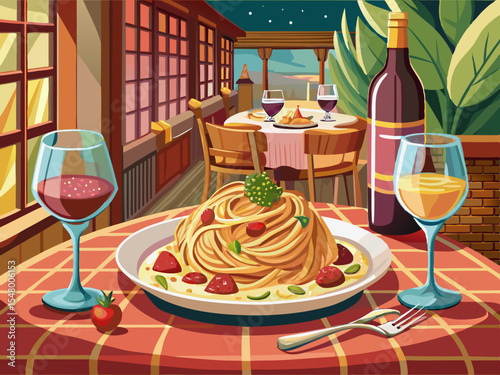 vector of Delicious spaghetti carbonara served with a glass of wine in a romantic restaurant...