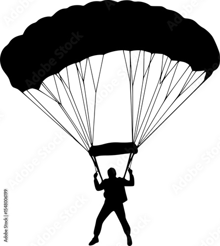 Silhouette of a person skydiving, open parachute, mid-air.  Dynamic, athletic figure suspended beneath a wide