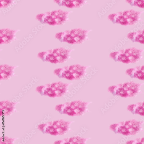 Seamless watercolor pattern with soft pink clouds. Cute dreamy texture perfect for nursery design, baby clothes, kids room decor, and whimsical backgrounds.