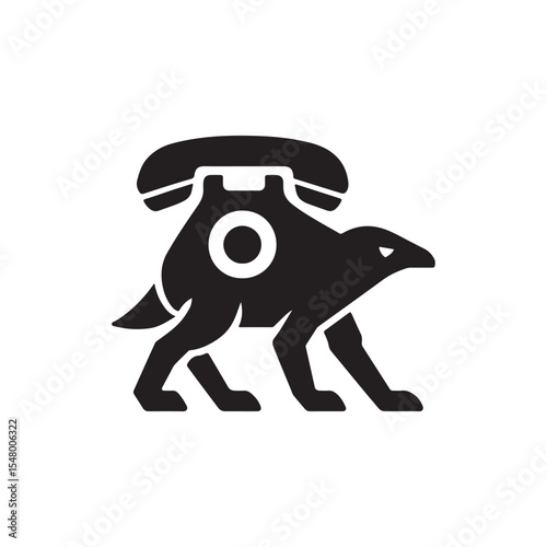 A black silhouette of a four legged animal with a telephone on its back in a white background