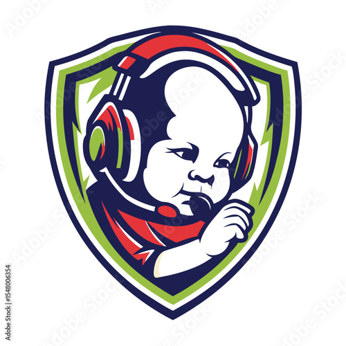 Baby gamer wearing headphones, in a shield-like graphic design