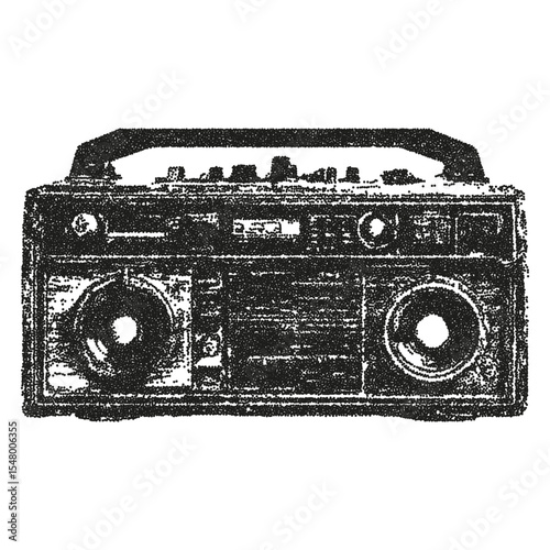 Halftone element boombox with photocopy effect. Sticker for collage, vector illustration for print, banner.