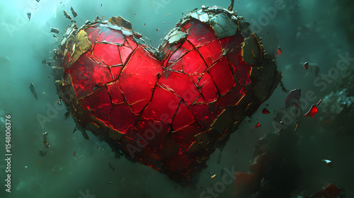 A fragmented gem heart, dark metal binding it, evokes emotional turmoil amidst war's fog. Shards crumble, symbolizing love's loss and resilience on a war-torn background.