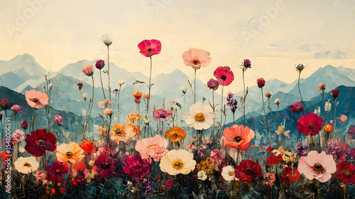 A vibrant field of colorful wildflowers contrasts against distant, hazy mountains. Painterly brushstrokes add texture, while a soft sky completes the tranquil scene, reminiscent of wartime.