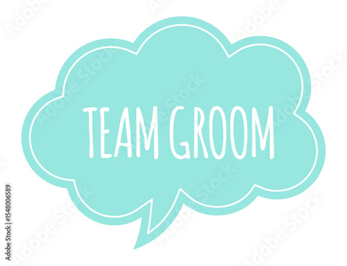 Displaying a team groom message within a thought bubble featuring a vibrant turquoise fill and a crisp white outline, enhancing wedding and marriage themes with a playful touch
