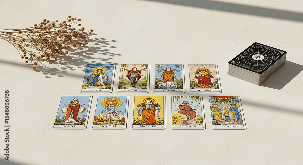Obraz premium Ten tarot cards laid out in two rows on a surface with dried flowers nearby; a stack of cards with an intricate design rests on the right side, casting shadows across the scene