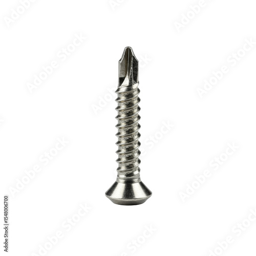 Polished silver self-tapping screw with Phillips drive head, sharp helical threads, and pointed tip, isolated on transparent studio background, ultra photorealistic, macro photography, industrial