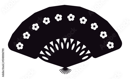 Handheld fan featuring elegant white floral decorations against a striking black background, embodying cultural heritage and timeless beauty in traditional design