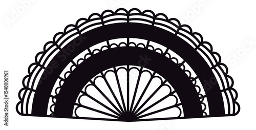 Intricate floral pattern adorning a traditional Spanish hand fan, presented in a striking black and white design, capturing the essence of Spanish culture and craftsmanship