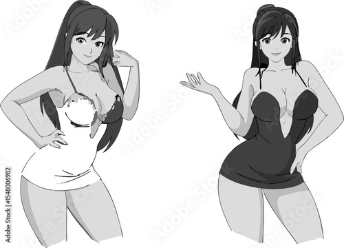 Grayscale vector illustration of a pretty anime girl character with big breasts and long hair, wearing a short dress, posing and showing something