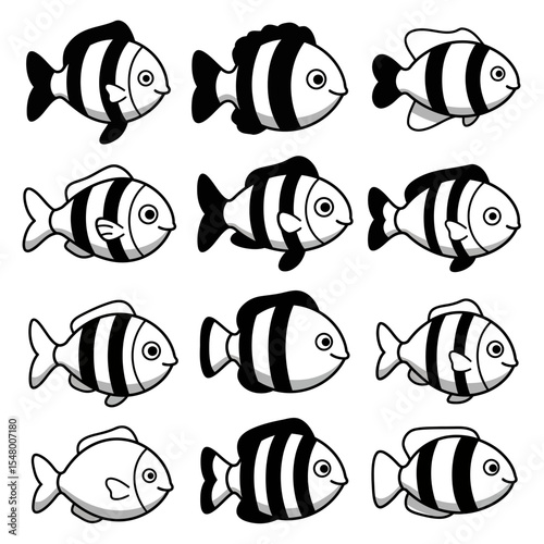 An Illustration of Various Striped Fish with Different Patterns Swimming Together in the Ocean Water of the Sea