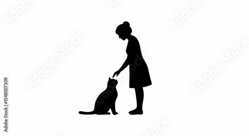Girl petting a cat in silhouette against a white background - Concept of pets in summer  