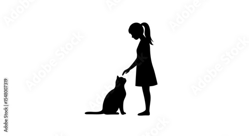 Girl petting a cat in silhouette against a white background, concept of pets in summer  
