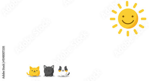 Cute pets enjoying summer sunshine with a happy sun illustration  