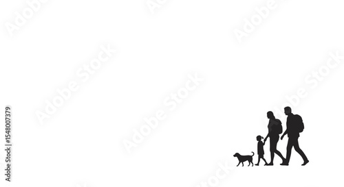 Family walking with dog and child during summer outing  