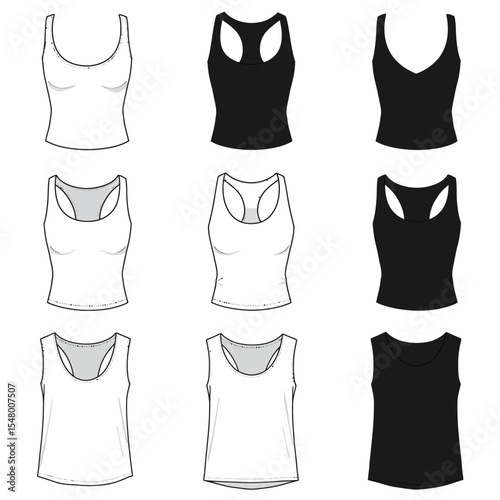 Collection of Diverse Tank Tops Featuring Sleeveless Design Available in an Array of Versatile Black and White Colors for Fashionable Style