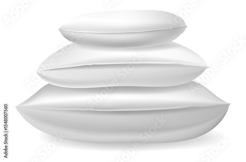 Three soft white pillows are stacked on top of each other, creating a pyramid shape that evokes comfort and relaxation, perfect for a good night's sleep