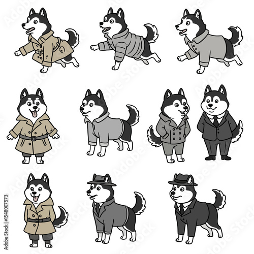 A Collection of Stylishly Dressed Huskies Showcasing Variety of Fashionable Outfits Demonstrating Canine Style and Animal Sartorialism Inspiration Collection