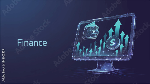 Financial Ascent: Digital rendering of financial growth. Displaying a vibrant screen featuring a wallet, a rising dollar sign, and ascending arrows, with the word "Finance" subtly integrated.