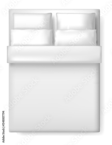 Comfortable white bedsheet and four plush pillows creating a serene bed setting, inviting restful sleep. Isolated on a clean white background with a subtle shadow, viewed from above