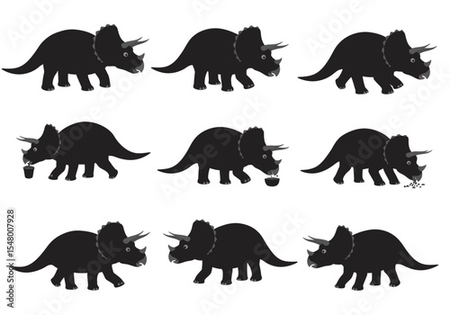 Triceratops Roaming Silhouettes Nine Views Depicting Various Actions and Poses Against a Clear Backdrop Ideal for Educational Illustrations