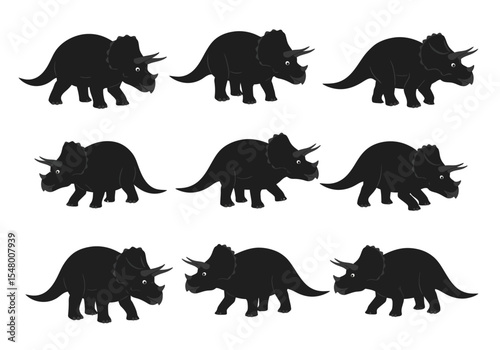 A Collection of Triceratops Dinosaurs Prehistoric Beasts in Silhouette Standing Posing Walking Together in a Group Against a White Background