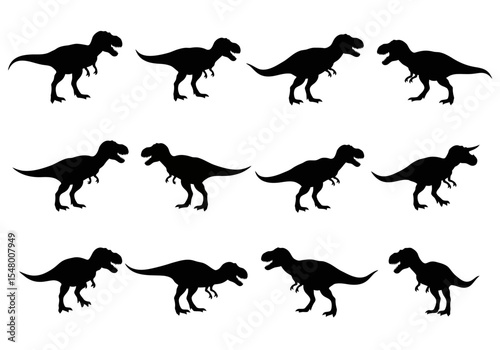 An Illustration of a T-Rex Fossil With Many Instances of the Same Animal Appearing Silhouetted on a White Surface