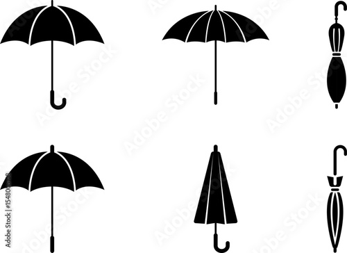 Umbrella Icon Set — Black and White Open and Closed Umbrella Silhouettes