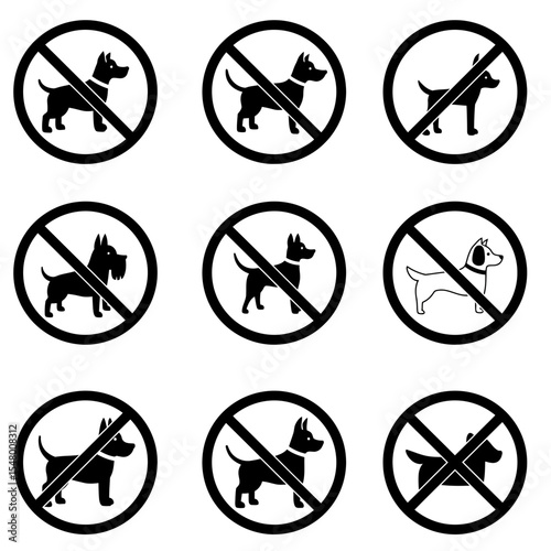 Symbols Denoting Prohibition of Dogs in Various Places Around Town and In Public Spaces for Safety and Regulation