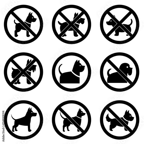 Nine Different Dog Prohibition Signs Showing Different Breeds Representing That Dogs Are Not Allowed in This Area