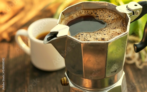 A vintage moka pot brews espresso on a dark wooden surface, with warm lighting, shallow focus, and a blurred ceramic cup in background