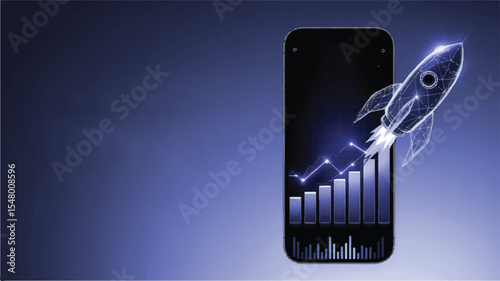 App Launch Ascent: A sleek smartphone showcases a graphic of a rocket launching, alongside an increasing bar graph, symbolizing business growth, app success, and technological advancement.
