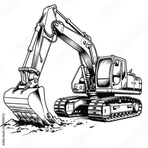 An Impressive Excavator Illustration Depicts Heavy Equipment at a Construction Site Digging in the Ground with a Large Bucket
