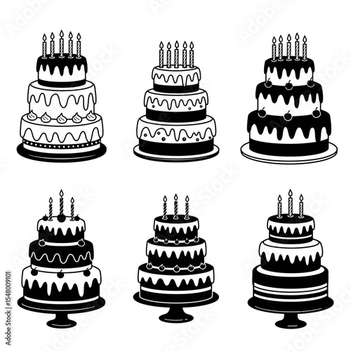 Celebration Cake Collection A Selection of Three Layer Cakes Decorated with Various Drizzles and Candies for Festive Occasions