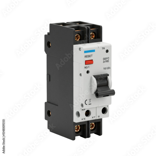 A new, modern Ground Fault Circuit Interrupter (GFCI) breaker with durable plastic casing, test/reset buttons, and copper terminals, isolated on a pristine transparent background with shadowless