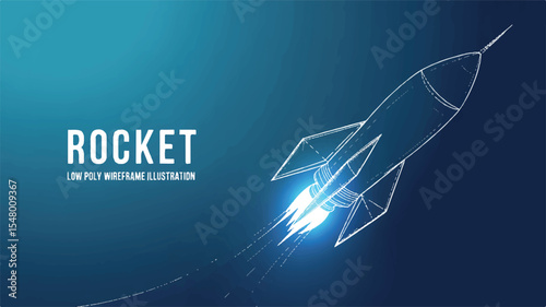 Ascending to the Horizon: A sleek, low-poly wireframe illustration of a rocket streaks across a gradient blue sky, signifying innovation and upward mobility. 