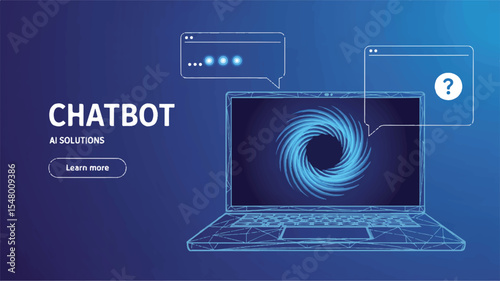 Chatbot AI Solutions: Futuristic laptop displaying a swirling vortex symbolizing AI processing power, accompanied by chat bubbles representing user interaction. 