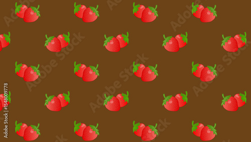 Brown seamless pattern with red strawberry. Background red cherries and green leaves. Vector design sweet berries as wallpaper