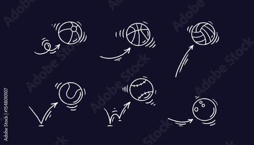 Ball bounce Arrows line comic set Baseball, tennis