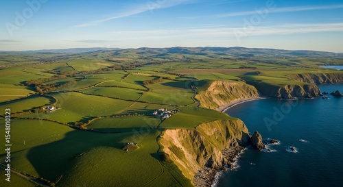 Coastal Cliffs and Verdant Fields An Aerial View of the British Countryside.