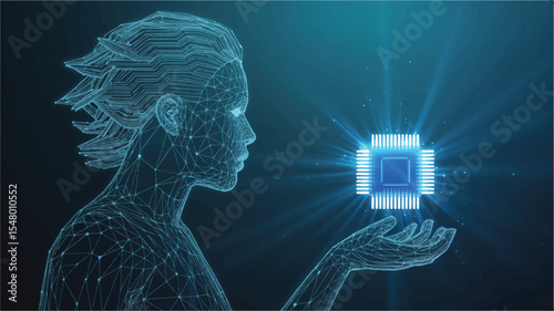 Digital Embrace: Futuristic depiction of a humanoid figure, interwoven with technological essence, holding a radiant microchip, symbolizing innovation and progress in a neon-lit atmosphere.