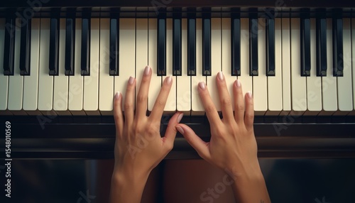 Close-up of female hands playing piano.