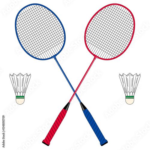 Vector illustration of two crossed badminton rackets, one red and one blue, with two shuttlecocks on both sides. Ideal for sports themes, badminton tournaments, or training related graphics. Isolated 