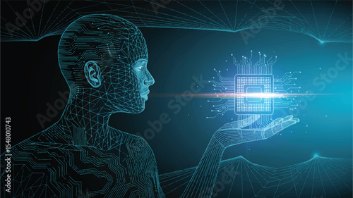 Cybernetic Embrace: An ethereal figure, comprised of interconnected lines and light, cradles a radiant circuit board. The scene pulses with an electric energy.