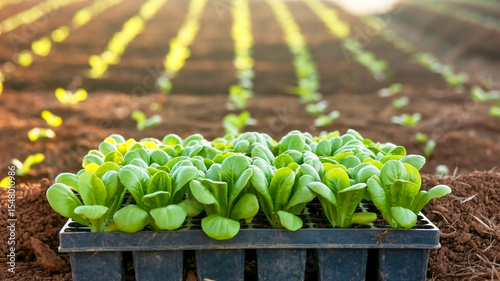 Young lettuce seedlings grow in rich brown soil with vibrant green leaves arranged in rows under warm natural light and soft focus