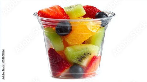 A clear plastic cup filled with freshly cut fruit, isolated on a white background.

