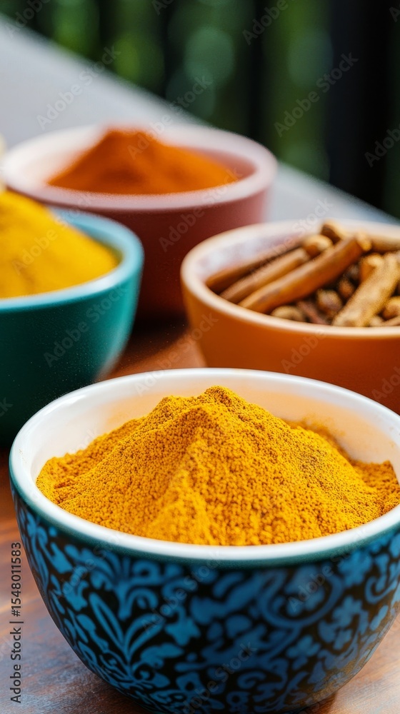 Colorful Spices Displayed in Bowls with Turmeric and Curry Powder on a Wooden Surface Colorful Spices Displayed in Bowls with Turmeric and Curry Powder on a Wooden Surface