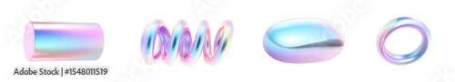 3D objects with holographic chrome effect in iridescent plastic style, isolated on a transparent background. Iridescent metallized shapes with shimmering gradients reminiscent of CDs or soap bubbles.