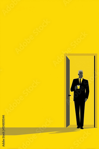 A man in a black suit stands at the door, holding a coffee cup to use as an illustration with a yellow background